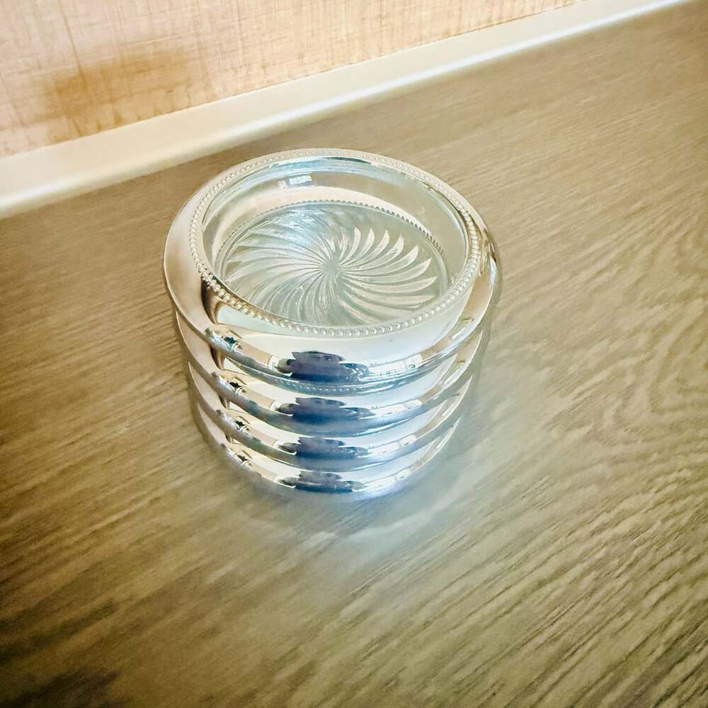 Vintage Silver Plated Glass Coasters Set Of 4 Starburst Swirl Beaded Rim